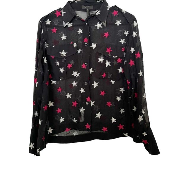 Rag & Bone Shirt Pearson Black Star Embroidered Silk Long Sleeve Button Up XS - Picture 2 of 6